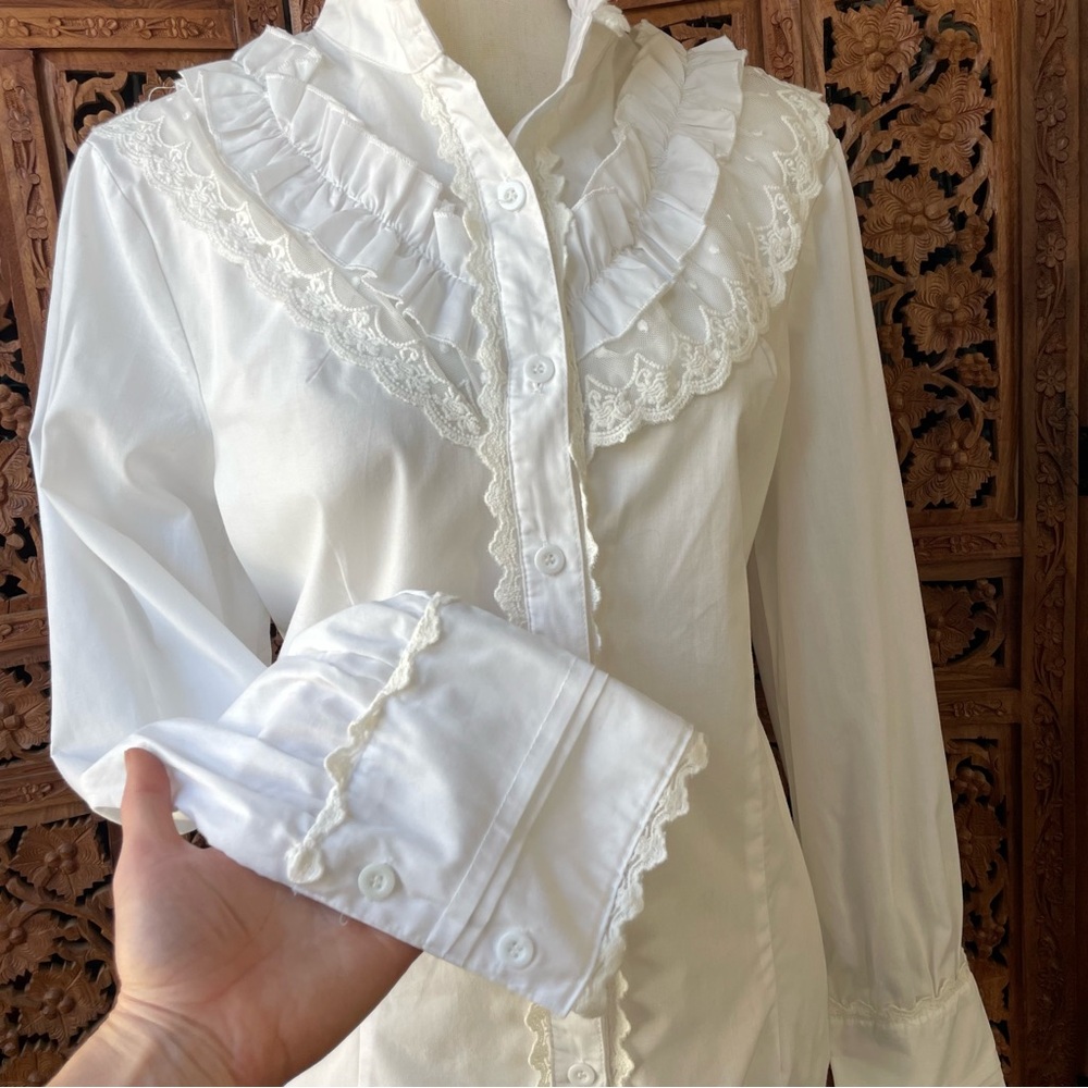 White Ruffled Victorian Edwardian Western lace trim crochet button down Blouse - Picture 9 of 14